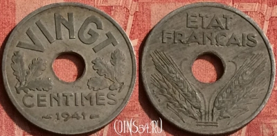 Франция 20 сантимов 1941 года, VINGT, KM# 899, 373o-080