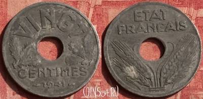 Франция 20 сантимов 1941 года, VINGT, KM# 899, 373o-097