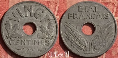 Франция 20 сантимов 1941 года, VINGT, KM# 899, 373o-129