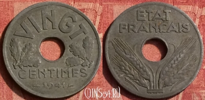 Франция 20 сантимов 1941 года, VINGT, KM# 899, 373o-134