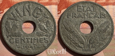 Франция 20 сантимов 1941 г., VINGT, KM# 899, 398s-009 ♛