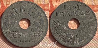 Франция 20 сантимов 1941 года, VINGT, KM# 899, 410o-044