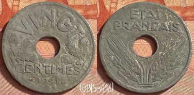 Франция 20 сантимов 1941 года, VINGT, KM# 899, 411o-041 ♛