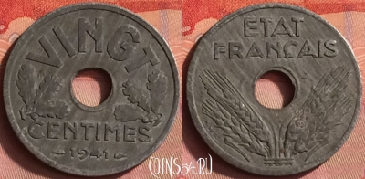 Франция 20 сантимов 1941 года, VINGT, KM# 899, 427o-123 ♛