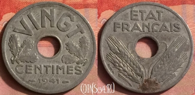Франция 20 сантимов 1941 года, VINGT, KM# 899, 428o-047
