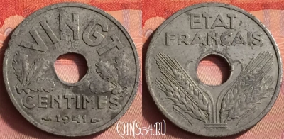 Франция 20 сантимов 1941 года, VINGT, KM# 899, 428o-141