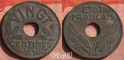 Франция 20 сантимов 1941 года, VINGT, KM# 899, 429o-030