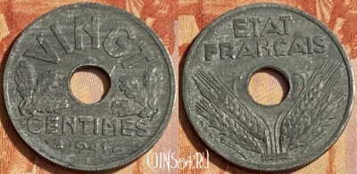 Франция 20 сантимов 1941 г., VINGT, KM# 899, 463q-111 ♛