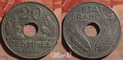 Франция 20 сантимов 1942 года, KM# 900, 081e-053