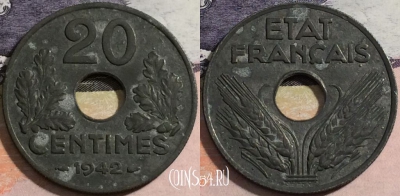 Франция 20 сантимов 1942 года, KM# 900, 167-050
