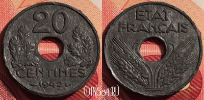 Франция 20 сантимов 1942 года, KM# 900, 207i-084