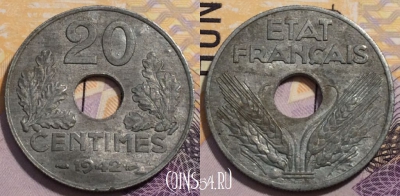 Франция 20 сантимов 1942 года, дефект, KM# 900, 235-065