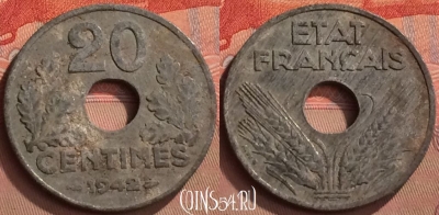Франция 20 сантимов 1942 года, KM# 900, 268m-081