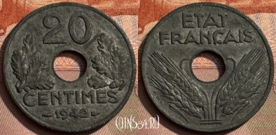 Франция 20 сантимов 1942 года, KM# 900, 309s-079 ♛