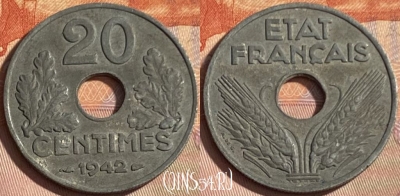 Франция 20 сантимов 1942 года, KM# 900, 337p-001 ♛