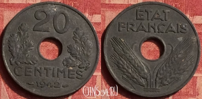 Франция 20 сантимов 1942 года, KM# 900, 357o-003