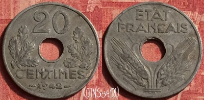 Франция 20 сантимов 1942 года, KM# 900, 357o-101
