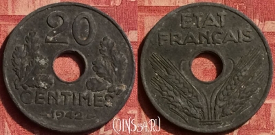 Франция 20 сантимов 1942 года, KM# 900, 357o-126