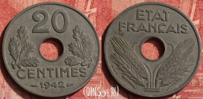 Франция 20 сантимов 1942 года, KM# 900, 369o-045