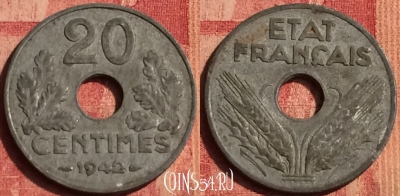Франция 20 сантимов 1942 года, KM# 900, 388o-067