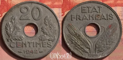 Франция 20 сантимов 1942 года, KM# 900, 396o-134