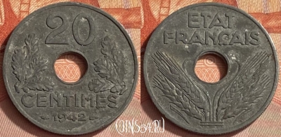 Франция 20 сантимов 1942 года, KM# 900, 411o-099