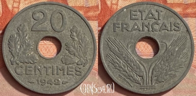 Франция 20 сантимов 1942 года, KM# 900, 411o-107