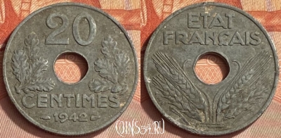Франция 20 сантимов 1942 года, KM# 900, 412o-046