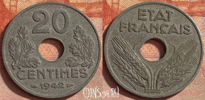 Франция 20 сантимов 1942 года, KM# 900, 421o-134 ♛