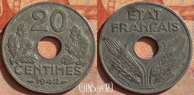 Франция 20 сантимов 1942 года, KM# 900, 422o-017 ♛