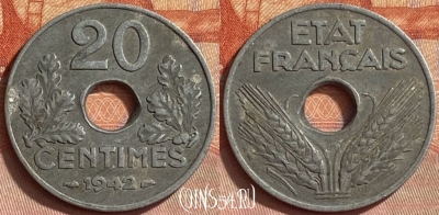 Франция 20 сантимов 1942 года, KM# 900, 422o-019