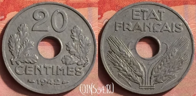 Франция 20 сантимов 1942 года, KM# 900, 428o-051