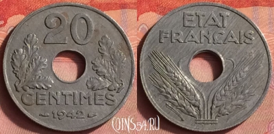 Франция 20 сантимов 1942 года, KM# 900, 429o-045 ♛