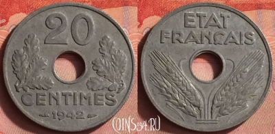 Франция 20 сантимов 1942 года, KM# 900, 429o-050