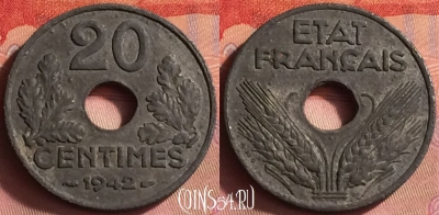 Франция 20 сантимов 1942 года, KM# 900, 429o-084
