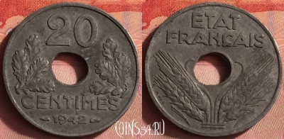 Франция 20 сантимов 1942 года, KM# 900, 429o-088