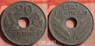 Франция 20 сантимов 1942 года, KM# 900, 429o-102