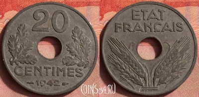 Франция 20 сантимов 1942 года, KM# 900, 429o-108