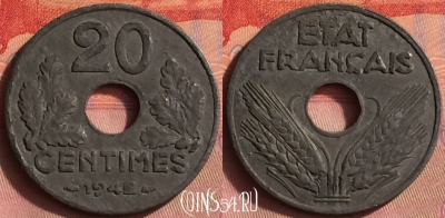 Франция 20 сантимов 1942 года, KM# 900, 429o-136