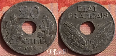 Франция 20 сантимов 1942 года, KM# 900, 430o-005