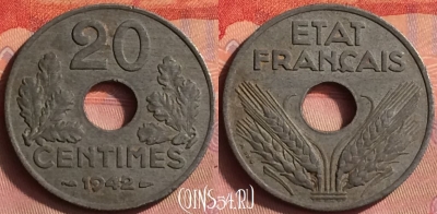 Франция 20 сантимов 1942 года, KM# 900, 430o-020