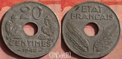 Франция 20 сантимов 1942 года, KM# 900, 430o-021