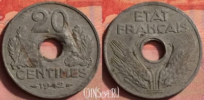 Франция 20 сантимов 1942 года, KM# 900, 430o-039