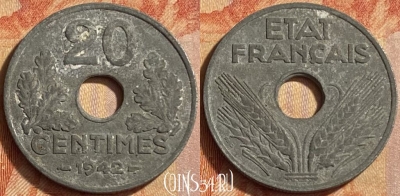 Франция 20 сантимов 1942 года, KM# 900, 451o-077