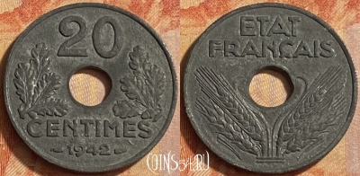 Франция 20 сантимов 1942 года, KM# 900, 451o-079