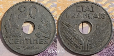Франция 20 сантимов 1942 года, KM# 900, a120-067