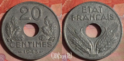 Франция 20 сантимов 1943 года, KM# 900, 093f-009