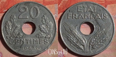 Франция 20 сантимов 1943 года, KM# 900, 093f-020