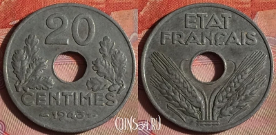Франция 20 сантимов 1943 года, KM# 900, 093f-023