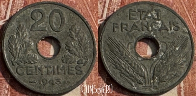 Франция 20 сантимов 1943 года, KM# 900, 115s-038